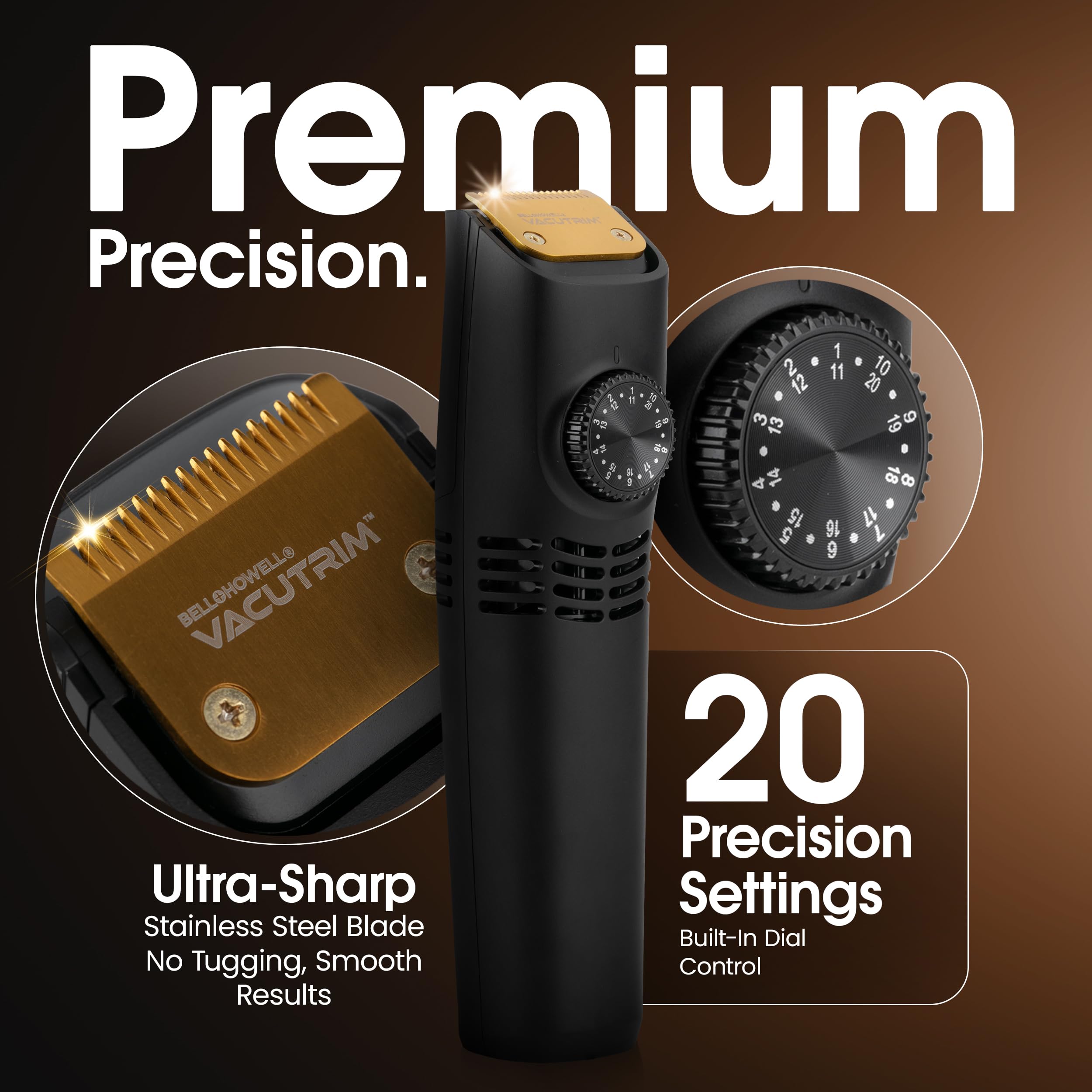 Bell+Howell Vacutrim Cordless Beard Trimmer – Built-In Vacuum, 20-Setting Dial