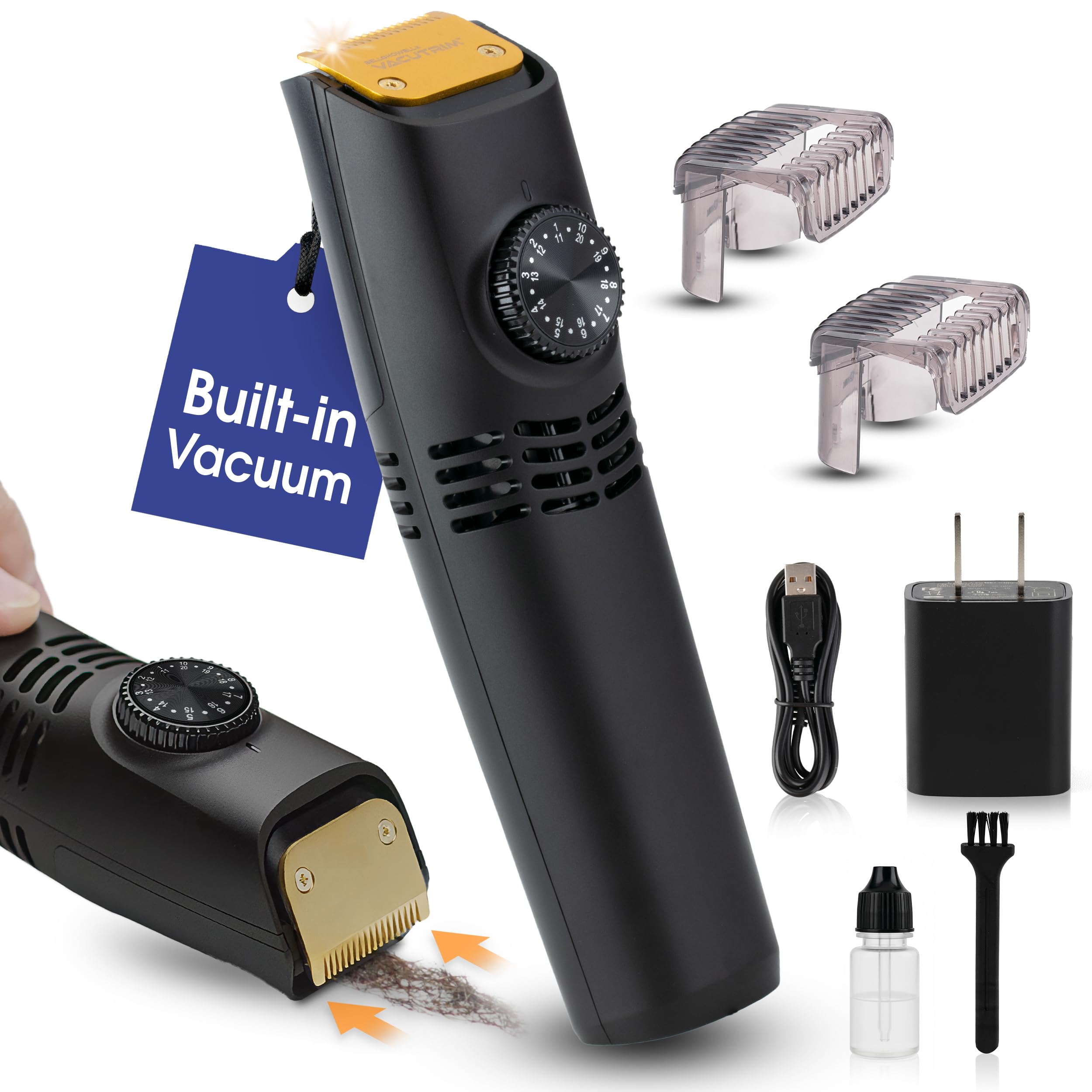 Bell+Howell Vacutrim Cordless Beard Trimmer – Built-In Vacuum, 20-Setting Dial